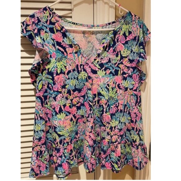 Lilly Pulitzer Size Large Lacie Peplum Blouse Top Ruffle Sleeve - Picture 3 of 3